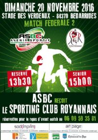 Rugby: ASBC / SC ROYANNAIS. Le dimanche 20 novembre 2016 à Bédarrides. Vaucluse.  13H30